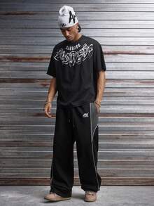 AXEPEAK Men's Letter Print Round Neck Casual Loose T-Shirt - Black - View 3