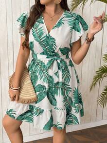SHEIN Clasi Plus Size Summer Vacation Leaf Print Ruffle Hem Dress - Multicolor - View 3