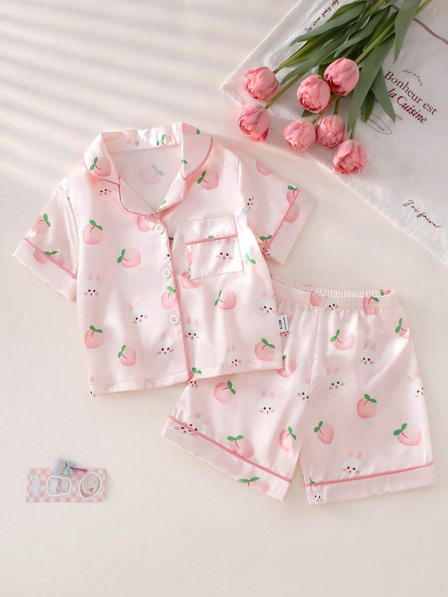 SHEIN 2pcs Baby Girls' Cute & Fresh Light Pink Cartoon Rabbit & Peach All-Over Print Cardigan Short Sleeve Top And Shorts Pajama Homewear Set