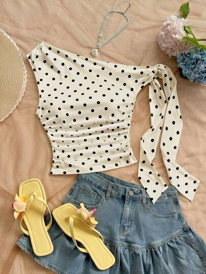 Soleia Blusa sin mangas con fruncidos y lazo frontal con lunares para mujer