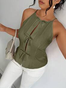 Elenzga Plus Size Women Solid Color Bow Decor Casual Halter Neck Tank Top - Army Green - View 4