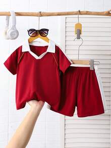 SHEIN Explorewe Young Girl Summer Casual Contrast Color Polo Collar Short Sleeve T-Shirt And Shorts Set - Burgundy - View 6