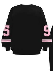 SHEIN Happikins 两件套休闲街头风黑粉撞色复古时尚街头字母数字95印花赛车运动套装，适合秋冬季节，街头风，嘻哈风，年轻女孩休闲简约加厚柔软宽松圆领长袖套头卫衣套装，适合秋冬季节日常穿着，运动，校园 - 彩色 - 查看 4