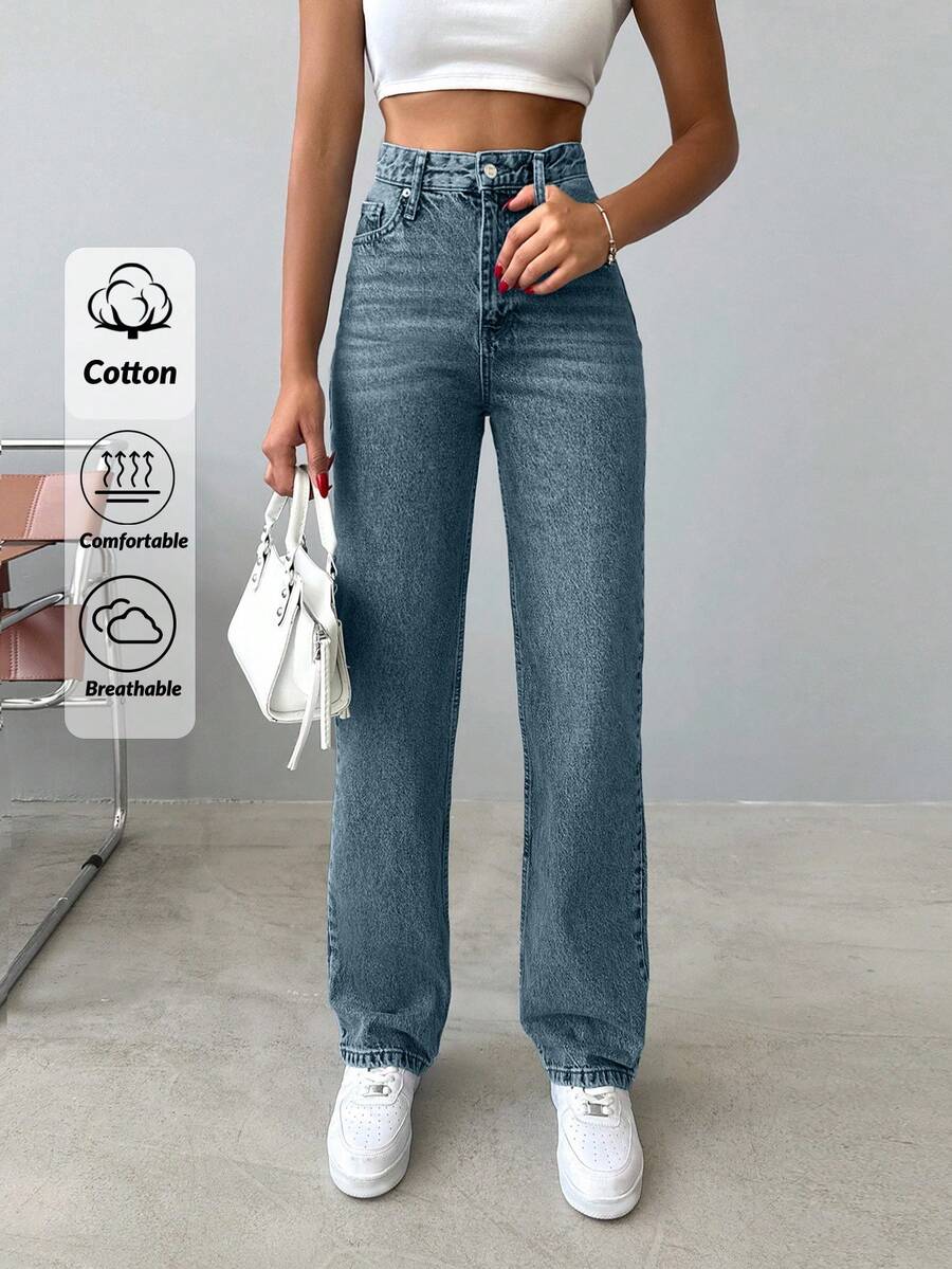 SHEIN Tall High Waist Snow Wash Straight Jean - Dusty Blue - View 1