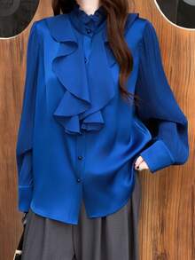 INAWLY Women's Solid Color Ruffle Collar Patchwork Frill Trim Long Sleeve Elegant Blouse - Blue - View 3