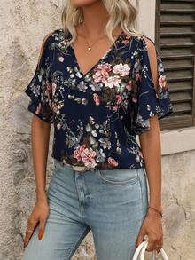 SHEIN Clasi Women's V-Neck Floral Print Ruffle Sleeve Split Hem Blouse - Navy Blue - View 1