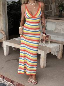 Livesso 彩色条纹拼接修身性感音乐节情人节婚礼休闲度假沙滩钩针V领无袖针织连衣裙，适合女性，春夏邮轮度假穿着 - 亮橙色 - 查看 6