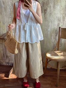 FRIFUL Áo tank top không tay thêu ren xếp lớp dành cho nữ, thích hợp cho mùa hè. - Màu Khaki - Xem 5