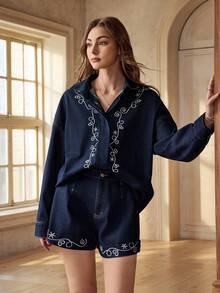 Selenza 女士夏季休闲刺绣卷边牛仔短裤 - 深色水洗藍 - 查看 1