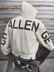 AXEPEAK 男士字母印花落肩长袖拉链前袋连帽衫 - 杏色 - 查看 3