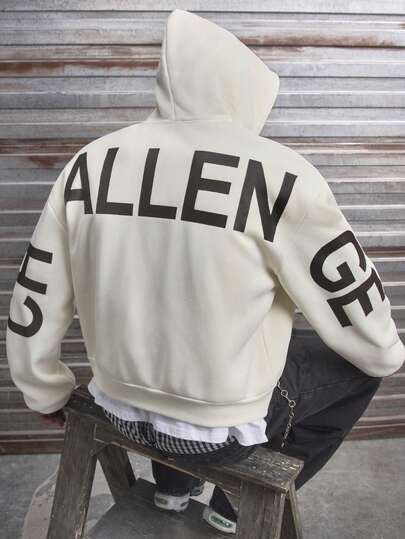 AXEPEAK 男士字母印花落肩长袖拉链前袋连帽衫