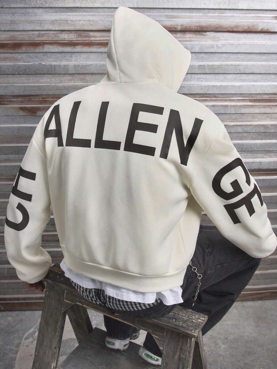 AXEPEAK 男士字母印花落肩长袖拉链前袋连帽衫 - 杏色 - 查看 1