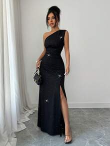 Rafferiza 女士优雅闪亮派对/约会斜肩无袖高开衩褶皱长裙 - 黑色 - 查看 5