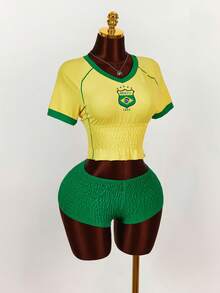 Amplova 2pcs/Set Women's Crop Top And Skinny Shorts, Waist Cinched T-Shirt With Super Low-Rise Y2K Vintage Shorts, Suitable For Sports And Casual Wear, Brazilian Pattern Women's Shorts Sets Y2k Women Two Pieces Outfits Two Pieces Set Women Short Sleeve Football Outfit Women Jamaica Outfits Set Summer - Multicolor - View 1