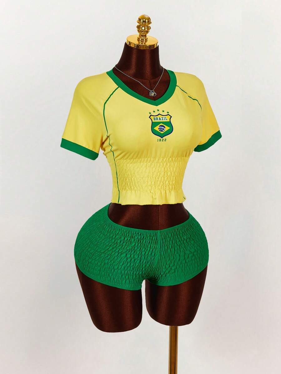 Amplova 2pcs/Set Women's Crop Top And Skinny Shorts, Waist Cinched T-Shirt With Super Low-Rise Y2K Vintage Shorts, Suitable For Sports And Casual Wear, Brazilian Pattern Women's Shorts Sets Y2k Women Two Pieces Outfits Two Pieces Set Women Short Sleeve Football Outfit Women Jamaica Outfits Set Summer - Multicolor - View 1