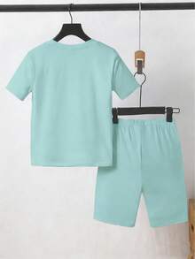 SHEIN 2pcs Kids/Tween Boys Casual Everyday Versatile Comfortable Printed Pattern Crew Neck Loose Pullover Short Sleeve Top And Shorts Knit Tight Fit Pajama Set - Multicolor - View 4