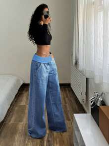 StreetHx Quần jeans nữ ống rộng dáng suông, cạp gập có túi, kiểu dáng thường ngày. - Màu xanh lam - Xem 3