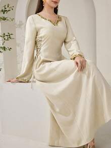 Al Najma 夏季女士阿拉伯风格甜心领收腰连衣裙 - 杏色 - 查看 1