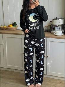 Genkimix Kids Tween Girls Pajamas-2 Piece Pajama Set Moon Star Print Black With Light Blue And Yellow Round Neck Long Sleeve Top Matching Long Pants Summer 2026 Holiday Must Have Cute Cozy Comfortable Nightwear Gift - Black - View 3