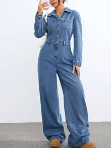 Muchica Combinaison en jean ample à manches longues, à simple boutonnage, avec poches et jambes larges, pour femmes grandes tailles - Bleu azur - Voir 6