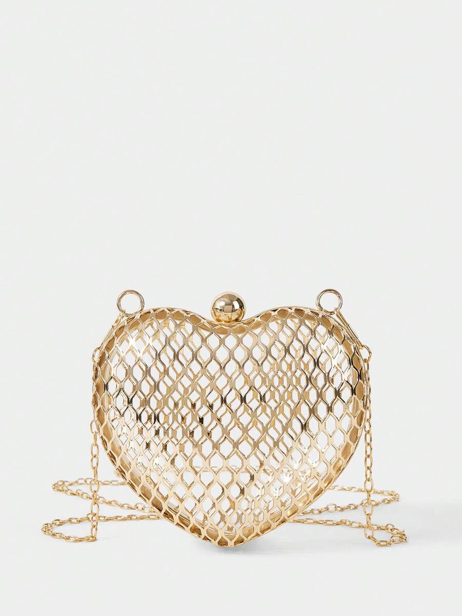 SHECARRY Ladies, Women Evening Bags, Crossbody Bags, Heart-Shaped Bag, Golden Metal, Hollow, Fashionable, Elegant , Simple, Personalized, Versatile, Classic, For Cocktail Party, Party, Prom, Club, Date, Birthday, Evening, Date Nigh, Banquet - Gold - View 1