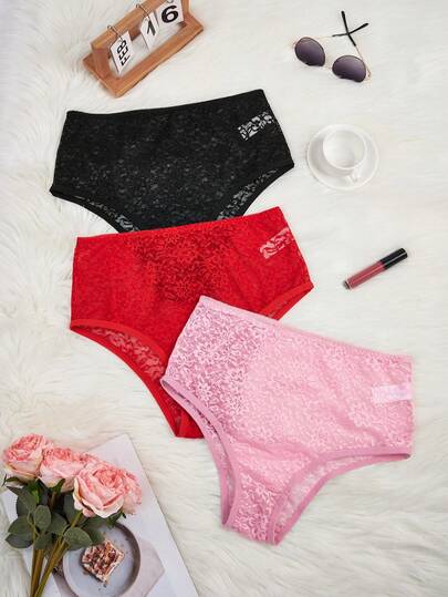 3pcs/Set Plus Size Women Elastic Waist Fashionable Lace Panties