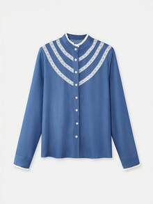 lacRébo 蓝色长袖衬衫，饰以白色蕾丝，浪漫春夏风格，法式巴黎风情 - 藍色 - 查看 10