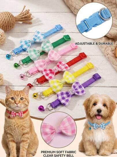 PETSIN 1 Piece Durable Pet Collar Adjustable Lightweight Harness Plaid Pattern Bow Decoration Bell Pendant Pet Collar Suitable For Small And Medium Dogs And Cats Daily Wear Outdoor Walking Holiday Party Home Use Comfortable Pet Collar Easy To Wear