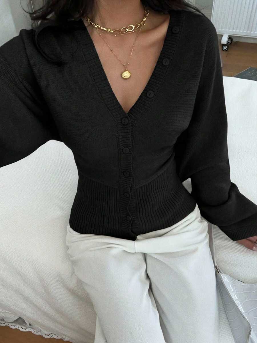 Siren Gaze Women's Solid Color Button-Up Fitted Waist Knit Cardigan, Casual Everyday Wear, Autumn/Winter - Black - View 1