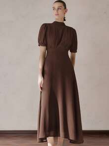 Aveloria Modichic 优雅女士雪纺连衣裙，胸部褶裥设计，公主袖，收腰，A字裙摆，简约百搭，适合通勤，及膝长度 - 咖啡 - 查看 5