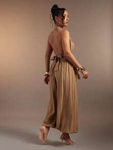 Hauture Women's Sexy Linen Elastic Waistband Wide Leg Pleated Lantern Pants - Brown - View 4