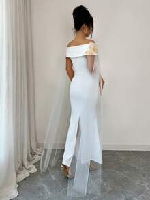 SHEIN Raffinéa Women's Off-Shoulder Embroidered Fitted Slit Dress, Elegant - White - View 2