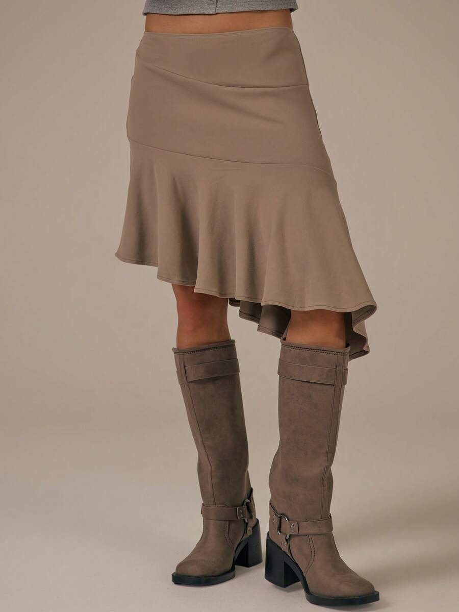 MUSERA Falda midi con detalle de dobladillo asimétrico y costuras, primavera-verano, estilo cottage acogedor y casual - Camel - Ver 1