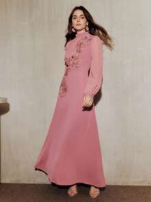 Anewsta Spring/Summer New Arrival Elegant Women's Chiffon Dress, Round Neck, Long Sleeve, Pleated, Pearl Embroidery Applique, Waist Cinched, A-Line Silhouette - Rusty Rose - View 6