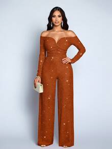 SOLERSUN Women's Fashionable Elegant V-Neck Off Shoulder Long Sleeve Party Night Club Sparkly Fabrics Jumpsuits, Suitable For Christmas Party Valentine's Day Dating - Rust Brown - View 7
