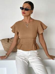 Siren Gaze 女式纹理面料圆领盖袖收腰盖袖衬衫，夏季 - 摩卡棕 - 查看 2