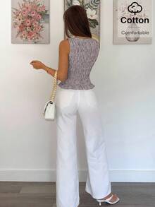 Siren Gaze 女式条纹圆领荷叶边下摆修身背心 - 咖啡棕 - 查看 5