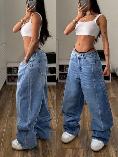 StreetHx Fashionable Casual Street Style Webbing Low-Waist Distressed Jeans