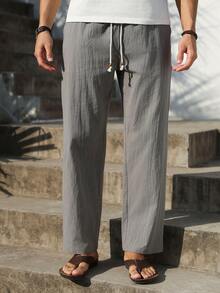 VENTUSAIL Quần lửng 3/4 nam bằng cotton, có dây rút ở eo và túi chéo, kiểu dáng ôm sát, chất liệu linen. - Màu xám đen - Xem 5