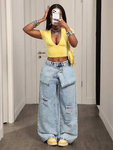 BamGleam 女士休闲日常水洗做旧二合一牛仔裤 - 淺色水洗藍 - 查看 6