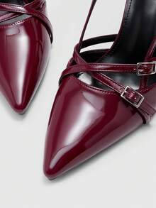 CUCCOO BIZCHIC Niche Design French Pointed Toe High Heels, French Elegance + Mature Sexy Style, Glossy Material, Criss-Cross Strap + Metal Buckle Decor, Suitable For Women, Daily Commute, Dating, Light Workplace And Other Occasions - Burgundy - View 8