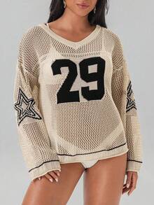 Swim EVENT 女士超大款条纹数字印花星形针织罩衫，V领镂空网眼针织罩衫，复古撞色沙滩装，复古风 - 彩色 - 查看 3
