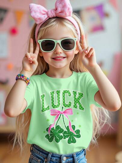 SHEIN Maglietta a maniche corte con scollo tondo, stile casual minimalista, con motivo a fiocco e quadrifoglio, adatta per primavera/estate, per uso quotidiano, stile di strada, uscite, casa, vacanze, festival