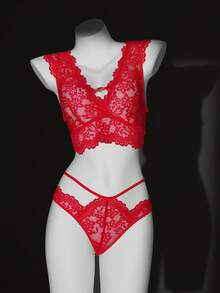 2pcs Red Lace Deep V Lingerie Set For Women - Red - View 6