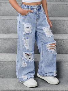 Quần jean denim rách nhẹ màu xanh nhạt, dáng rộng, phong cách Y2K mới cho bé gái, thích hợp cho mùa xuân hè, đi nghỉ mát, phong cách đồng quê, boho, đi biển, phong cách đường phố miền Tây, kỳ nghỉ xuân, lễ hội âm nhạc, quần jean, quần jean cho bé 4 tuổi, quần jean mùa hè, quần jean dễ thương, quần jean rộng kiểu Y2K những năm 2000. - Rửa nhẹ - Xem 6