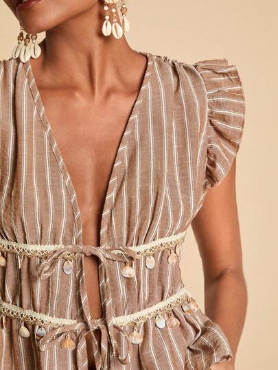 Travachic Women's Striped Cap Sleeve Front Tie Ruffle Hem Sexy Blouse,Vacation Casual Terno Outfit For Women,Summer Holiday Outfits,Spring Break Outfits,Party Outfit,Beach Outfit,Spring Clothing,Valentine Outfits For Women,Carnival Costume,Elegant,Floral,Carnival,Spring To Summer ,Party ,Summer Tops,Wedding Guest Tops For Women,Birthday Tops,Party Tops,Elegant Tops For Women,Floral Tops,Summer Tops,Carnival Costume, Mexican Style Tops Women Boho Tops For Women