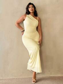 Auralis 大码女式优雅简约时尚基础款连衣裙，适合办公室、通勤、音乐节、海滩度假等场合，采用透视网纱、不对称领口、褶皱设计、修身剪裁、无袖、及地长款。 - 黃色 - 查看 5