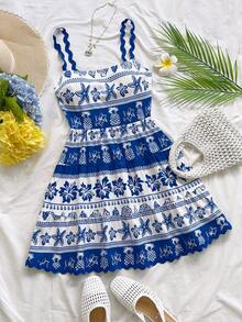 Soleia Tropical Shell Print White Blue,Summer,Casual,Tropical,Vacation,Holiday New Wave Strap Mini Dress,Boho Floral Spring Outfit Women,Weddings - Multicolor - View 1