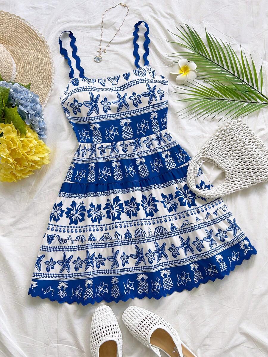 Soleia Tropical Shell Print White Blue,Summer,Casual,Tropical,Vacation,Holiday New Wave Strap Mini Dress,Boho Floral Spring Outfit Women,Weddings - Multicolor - View 1