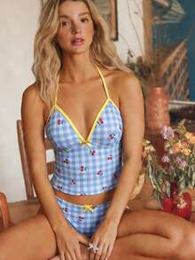 Swim Mod 2pcs Women Plaid, Cherry, Star Random Print Cute Sweet Summer Beach Vacation Bikini Set - Multicolor - View 1